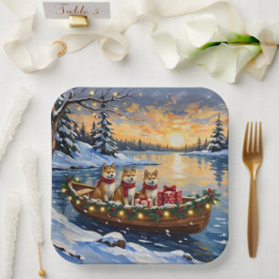 Akita Christmas Boat Holiday Paper Plate