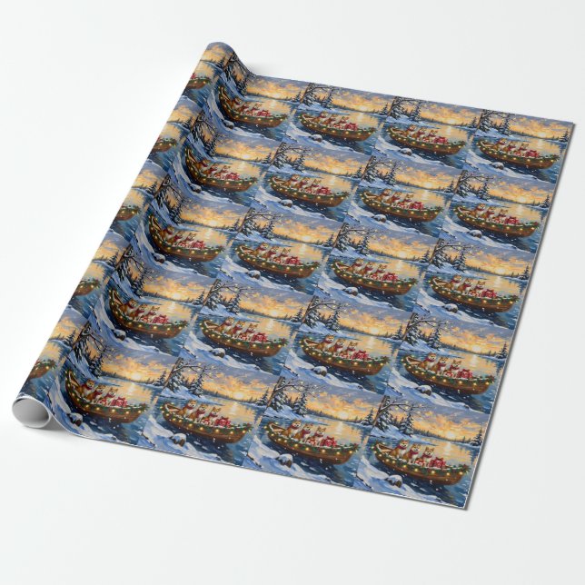 Akita Christmas Boat Holiday Wrapping Paper (Unrolled)