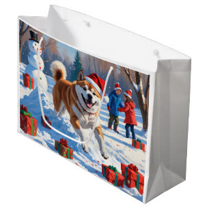 Akita Christmas Festive Snow Scene  Large Gift Bag