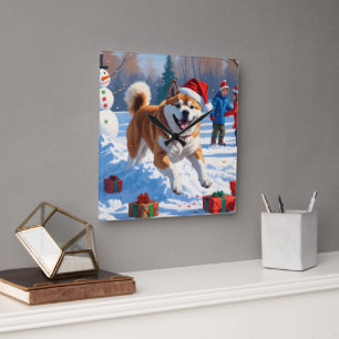 Akita Christmas Festive Snow Scene  Square Wall Clock