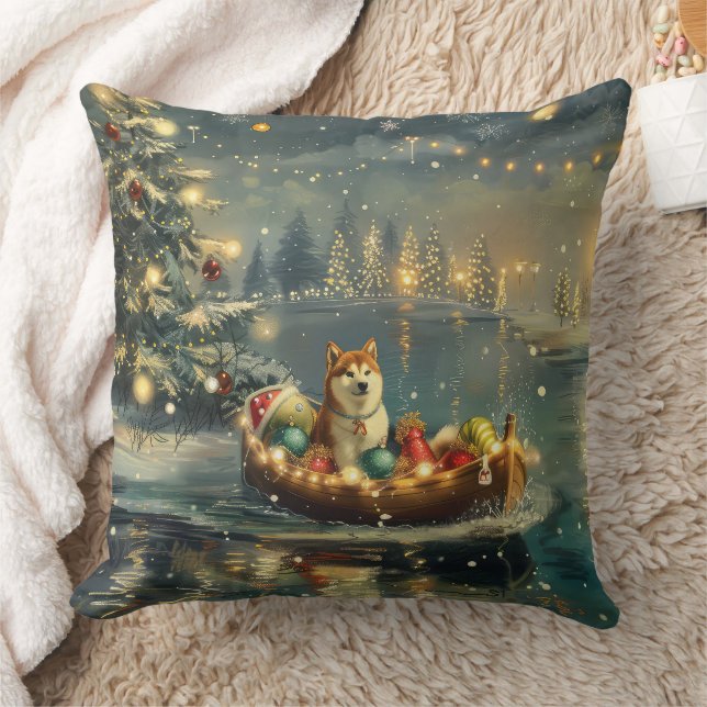 Akita Christmas Festive Voyage Throw Pillow (Blanket)