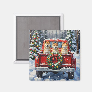 Akita Christmas Red Truck Holiday Magnet