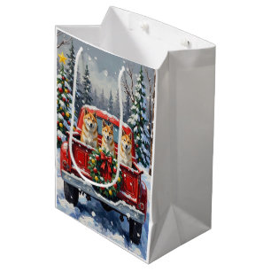 Akita Christmas Red Truck Holiday Medium Gift Bag