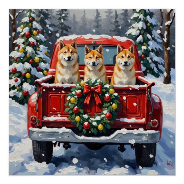 Akita Christmas Red Truck Holiday Poster (Front)