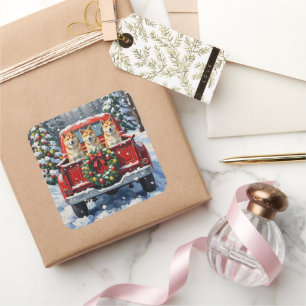 Akita Christmas Red Truck Holiday Square Sticker