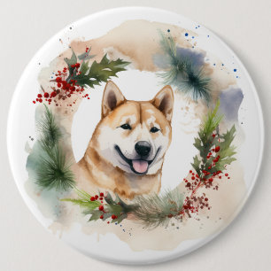 Akita Christmas Wreath Festive Pup 6 Inch Round Button