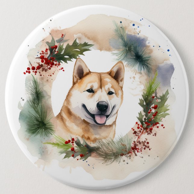Akita Christmas Wreath Festive Pup 6 Inch Round Button (Front)