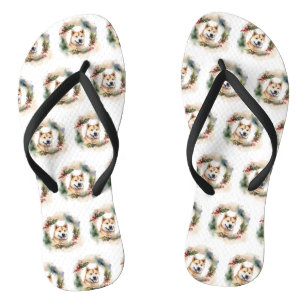 Akita Christmas Wreath Festive Pup Flip Flops