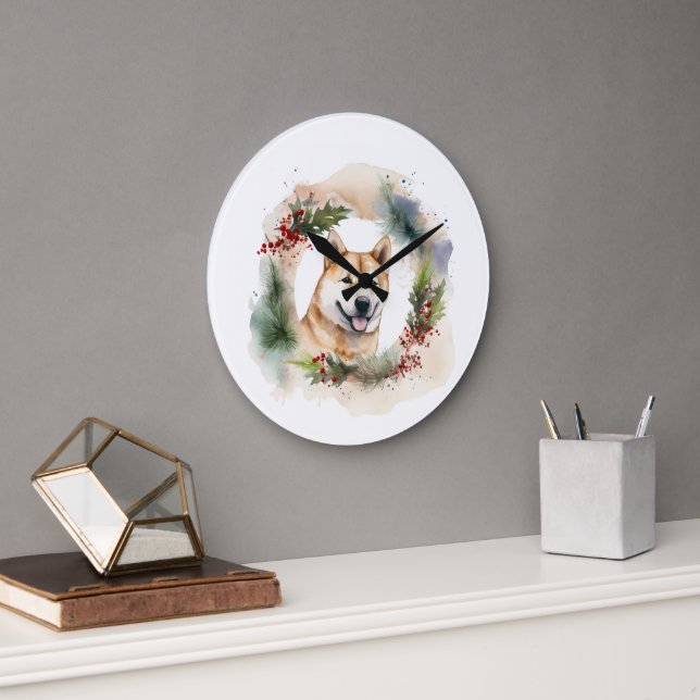 Akita Christmas Wreath Festive Pup Large Clock (Office)