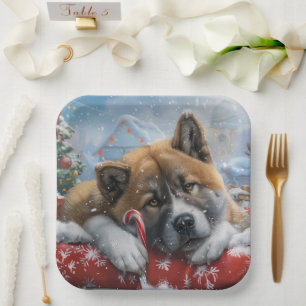 Akita Dog Christmas Festive Paper Plate
