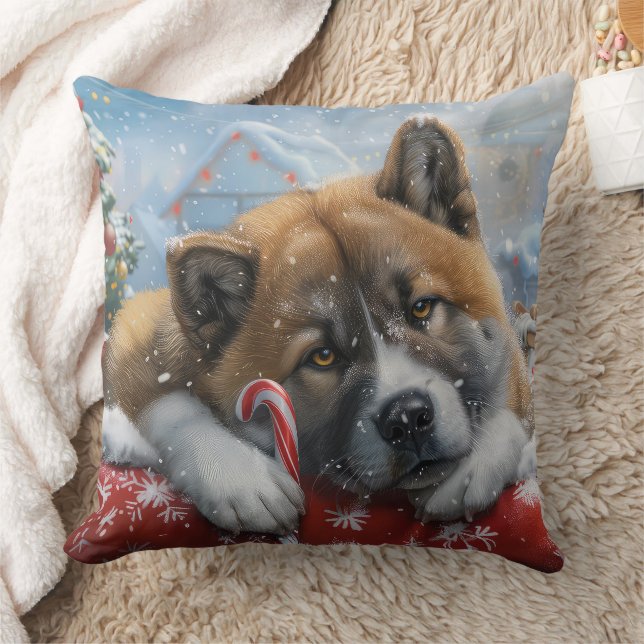 Akita Dog Christmas Festive Throw Pillow (Blanket)