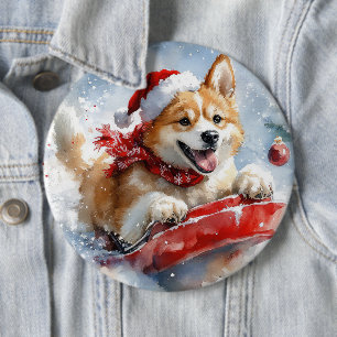 Akita Dog in Sledge Let it Snow Christmas 6 Inch Round Button