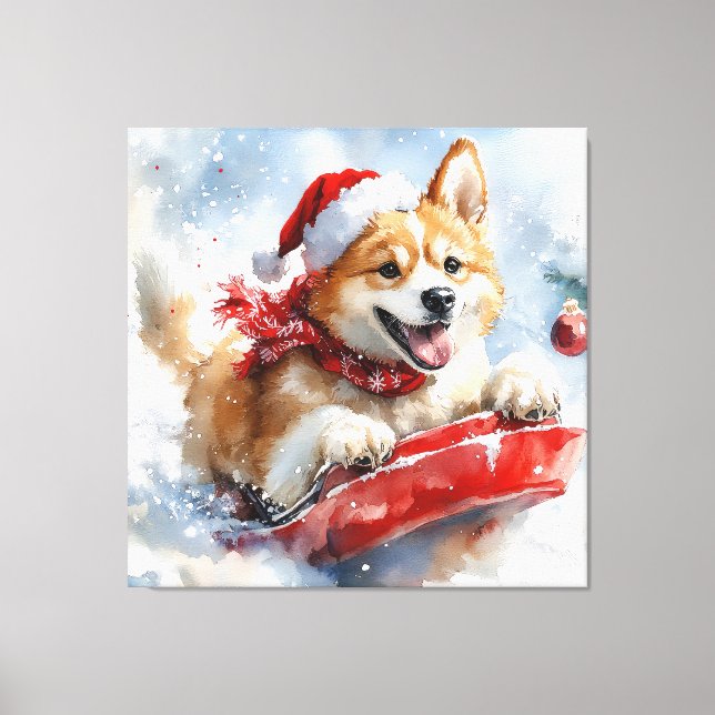 Akita Dog in Sledge Let it Snow Christmas Canvas Print (Front)
