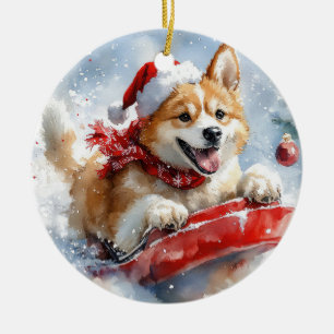 Akita Dog in Sledge Let it Snow Christmas Ceramic Ornament