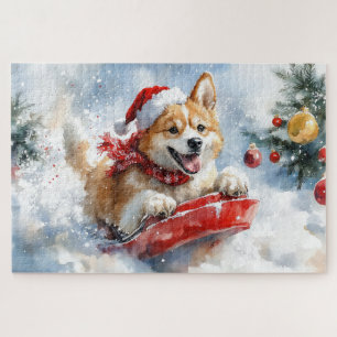 Akita Dog in Sledge Let it Snow Christmas Jigsaw Puzzle