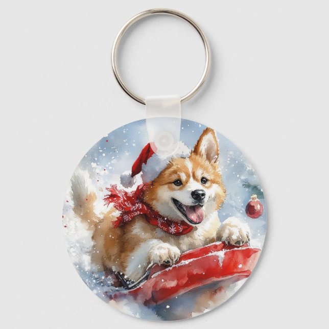 Akita Dog in Sledge Let it Snow Christmas Keychain (Front)