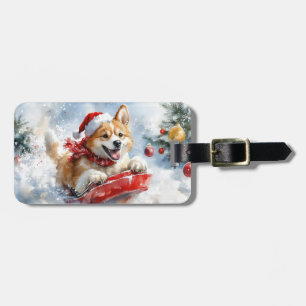 Akita Dog in Sledge Let it Snow Christmas Luggage Tag
