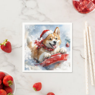 Akita Dog in Sledge Let it Snow Christmas Napkin