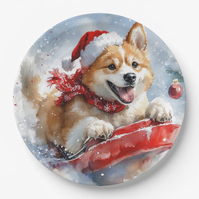 Akita Dog in Sledge Let it Snow Christmas Paper Plate (Front)