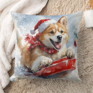 Akita Dog in Sledge Let it Snow Christmas Throw Pillow