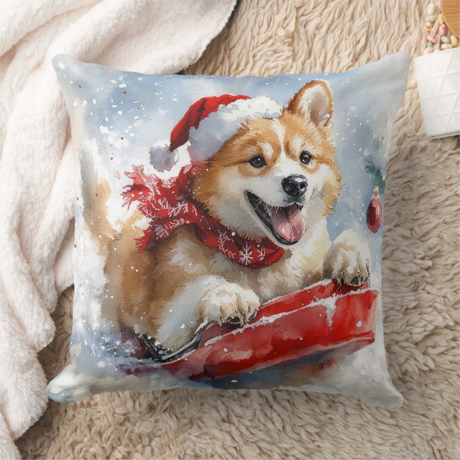 Akita Dog in Sledge Let it Snow Christmas Throw Pillow (Blanket)