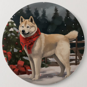 Akita Dog in Snow Christmas 6 Inch Round Button