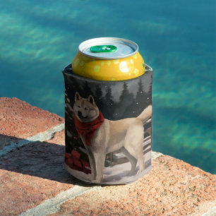 Akita Dog in Snow Christmas Can Cooler