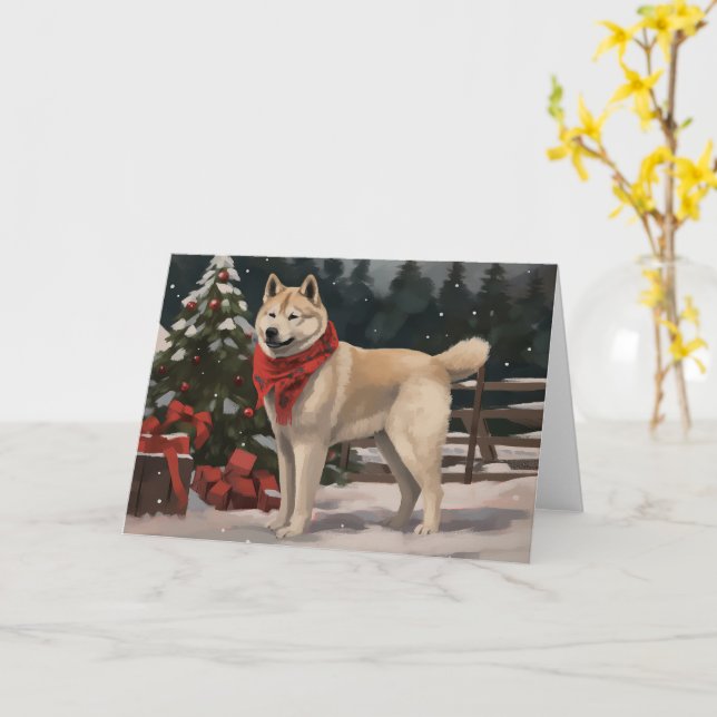 Akita Dog in Snow Christmas Card (Yellow Flower)