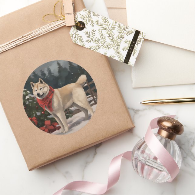 Akita Dog in Snow Christmas Classic Round Sticker (Gifting)