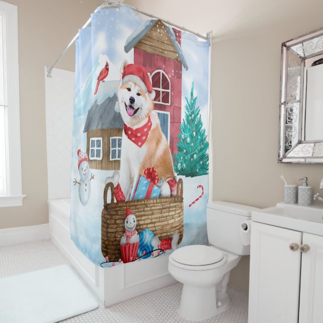 Akita Dog In snow Christmas Dog House (In Situ)