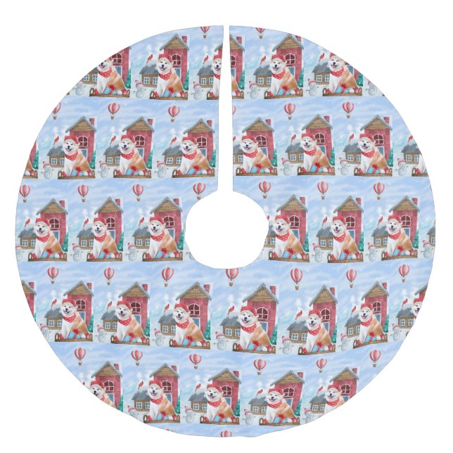 Akita Dog In snow Christmas Dog House Brushed Polyester Tree Skirt (Front)
