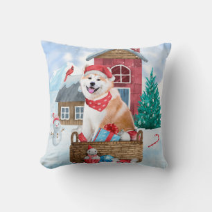 Akita Dog In snow Christmas Dog House Throw Pillow