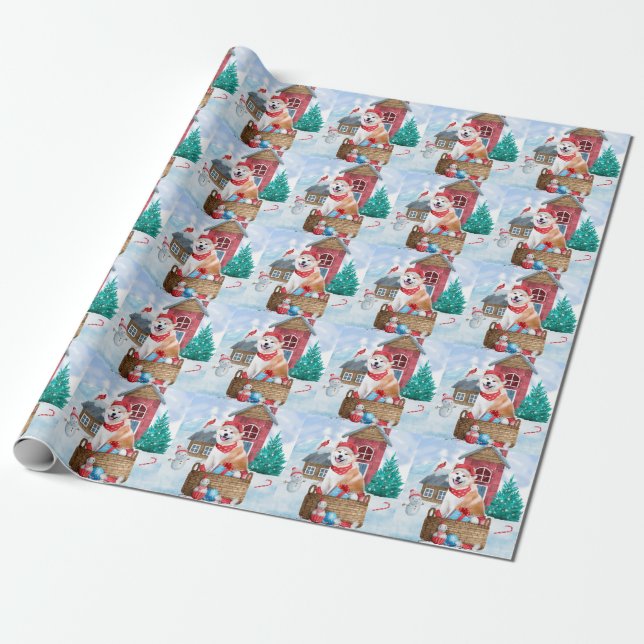 Akita Dog In snow Christmas Dog House Wrapping Paper (Unrolled)