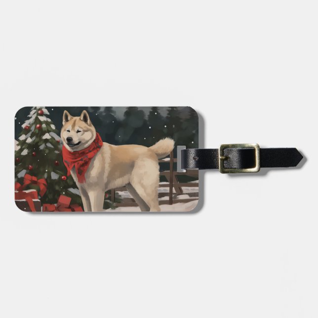 Akita Dog in Snow Christmas Luggage Tag (Front Horizontal)