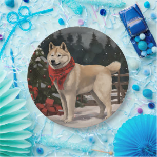 Akita Dog in Snow Christmas Paper Plate