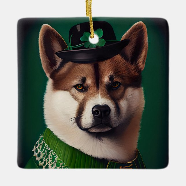 akita dog in St. Patrick's Day Dress Ceramic Ornament (Front)