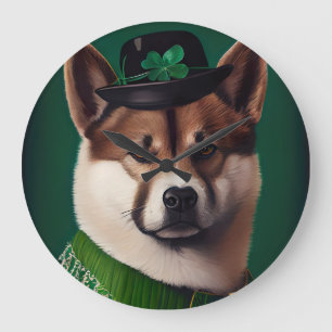 akita dog in St. Patrick's Day Dress Large Clock