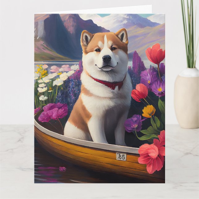 Akita Dog on a Paddle: A Scenic Adventure Card (Front)