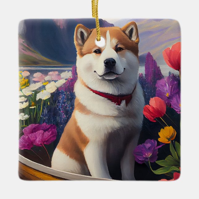 Akita Dog on a Paddle: A Scenic Adventure Ceramic Ornament (Front)