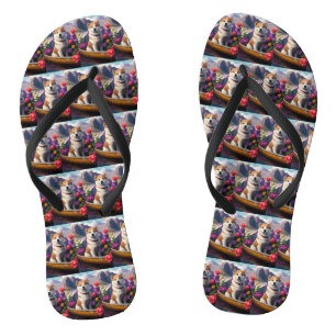 Akita Dog on a Paddle: A Scenic Adventure Flip Flops