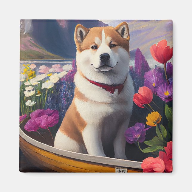 Akita Dog on a Paddle: A Scenic Adventure Magnet (Front)