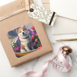Akita Dog on a Paddle: A Scenic Adventure Square Sticker