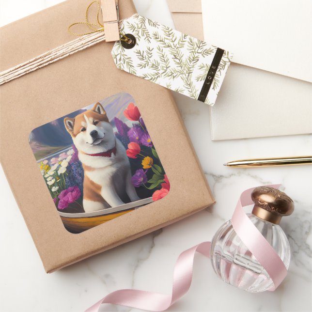 Akita Dog on a Paddle: A Scenic Adventure Square Sticker (Gifting)