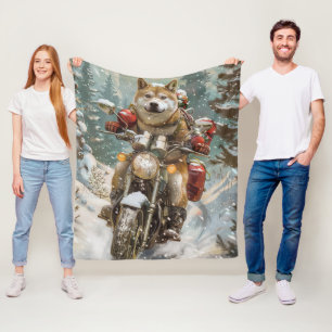 Akita Dog Riding Motorcycle Christmas Fleece Blanket