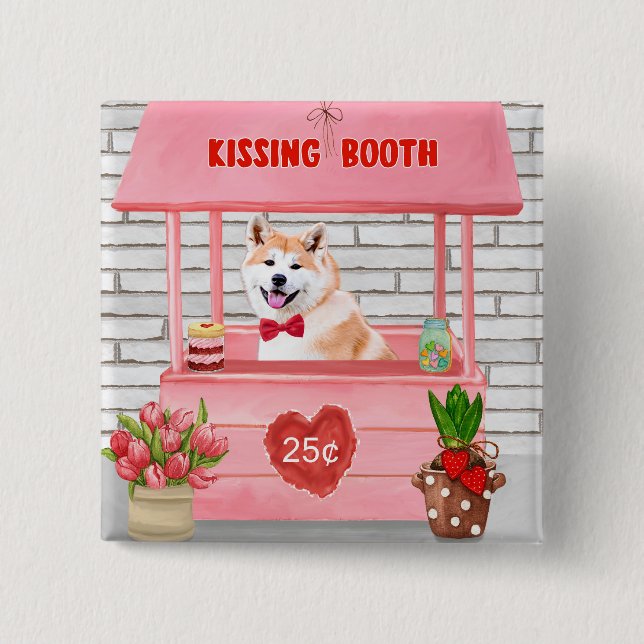 Akita Dog Valentine's Day Kissing Booth  2 Inch Square Button (Front)