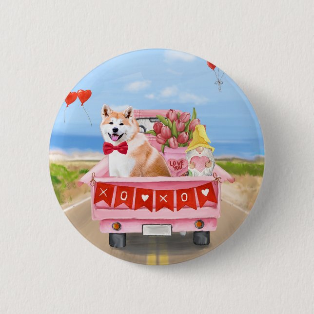 Akita Dog Valentine's Day Truck Hearts 2 Inch Round Button (Front)