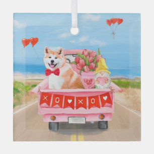 Akita Dog Valentine's Day Truck Hearts Glass Ornament