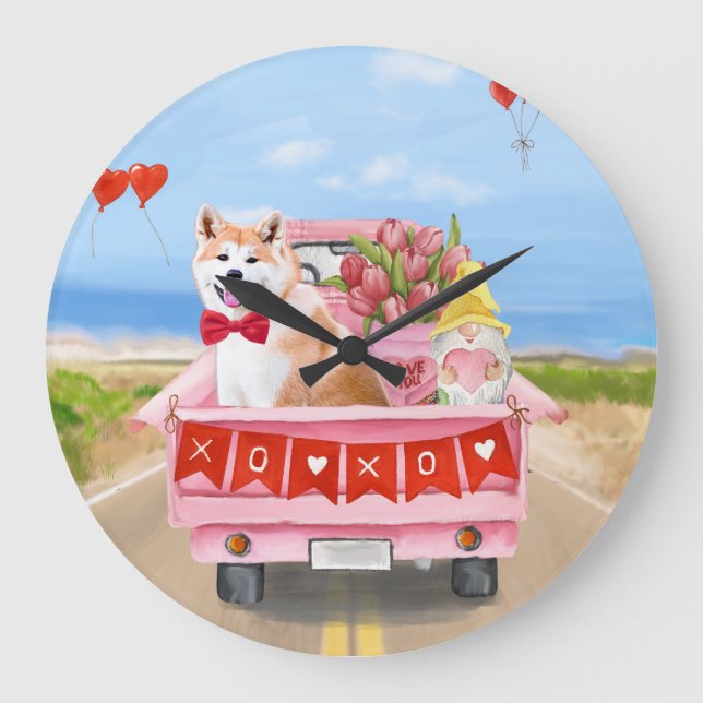 Akita Dog Valentine's Day Truck Hearts  Large Clock (Front)