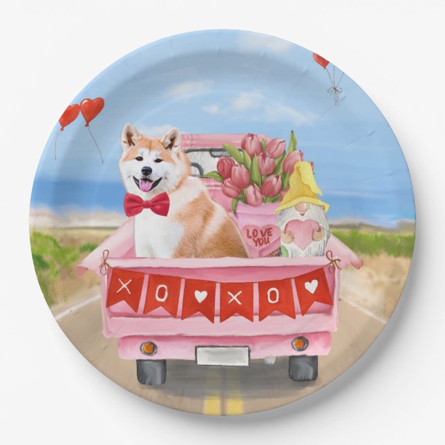 Akita Dog Valentine's Day Truck Hearts Paper Plate (Front)