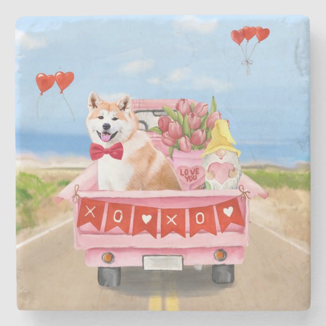 Akita Dog Valentine's Day Truck Hearts  Stone Coaster (Front)